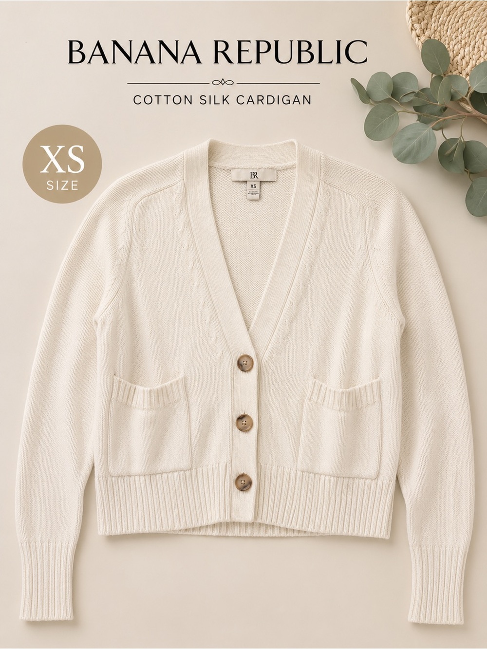 Banana Republic Ivory Cotton Silk Cable Knit Cropped Cardigan XS Button Front